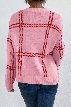 Hot Dear-Lover Plaid Pattern Knitted Drop Shoulder Sweater Pink