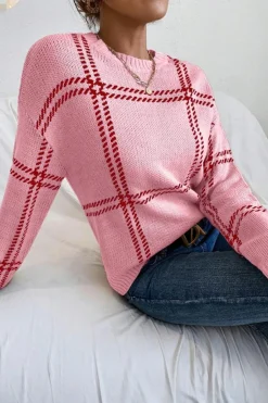 Hot Dear-Lover Plaid Pattern Knitted Drop Shoulder Sweater Pink