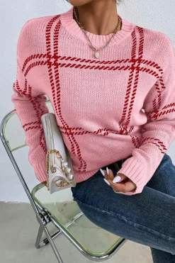 Hot Dear-Lover Plaid Pattern Knitted Drop Shoulder Sweater Pink