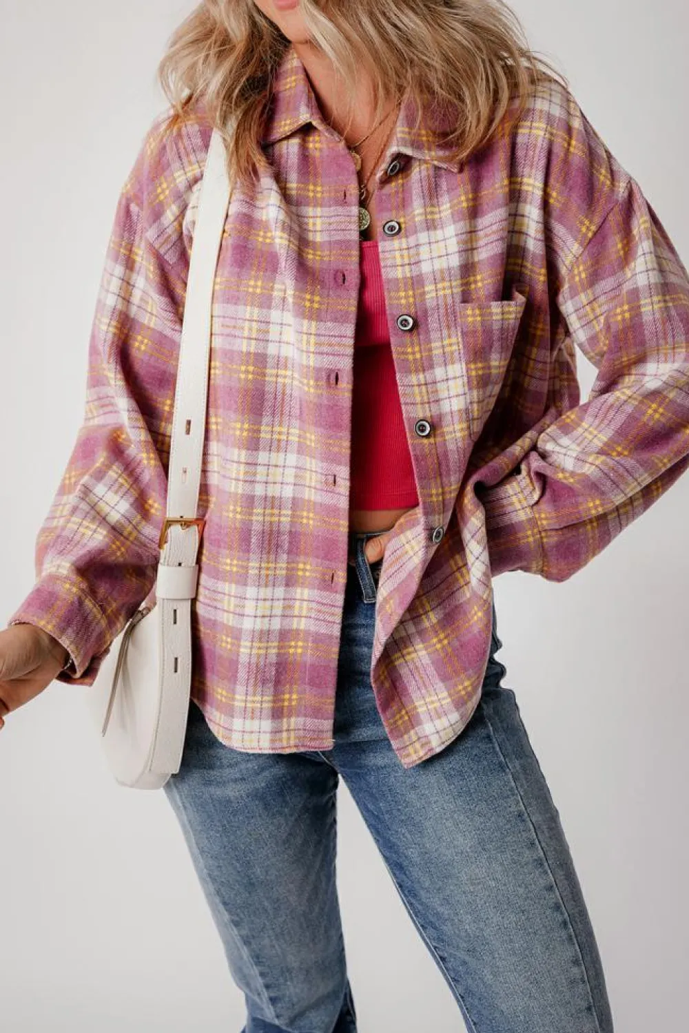 Clearance Dear-Lover Plaid Print Chest Pocket Long Sleeve Shacket Pink