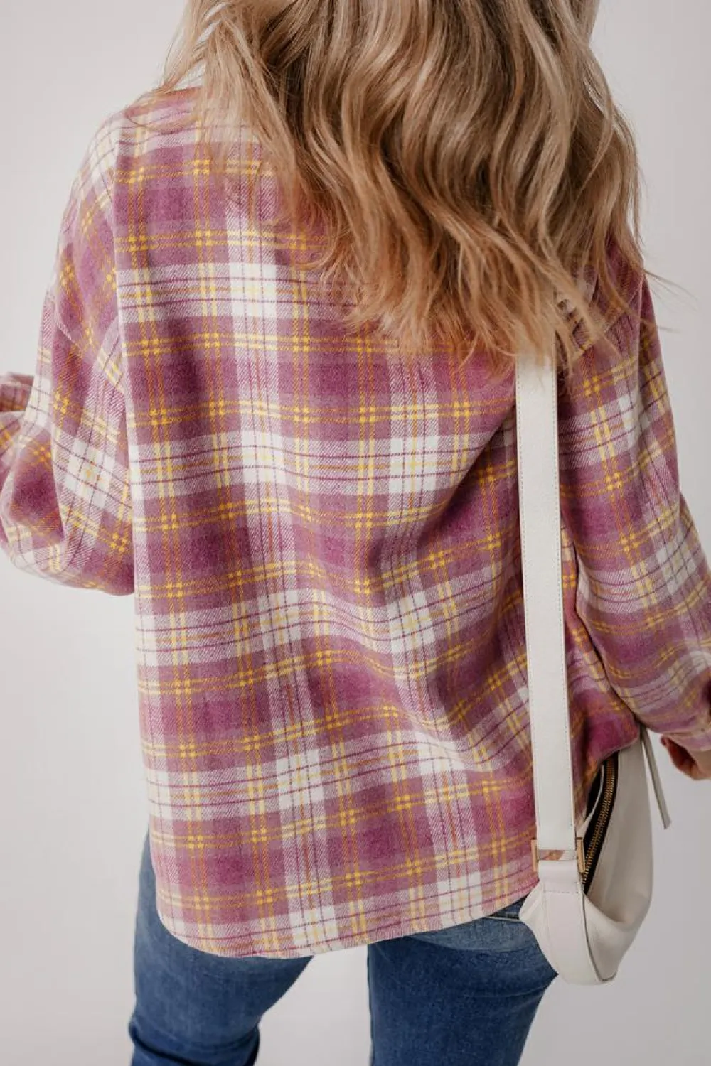 Clearance Dear-Lover Plaid Print Chest Pocket Long Sleeve Shacket Pink