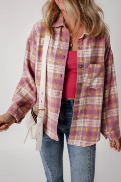 Clearance Dear-Lover Plaid Print Chest Pocket Long Sleeve Shacket Pink