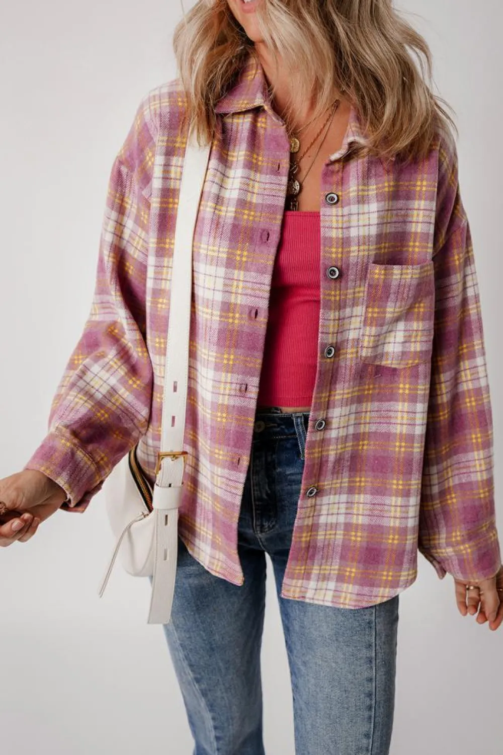 Clearance Dear-Lover Plaid Print Chest Pocket Long Sleeve Shacket Pink