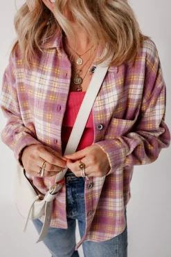 Clearance Dear-Lover Plaid Print Chest Pocket Long Sleeve Shacket Pink