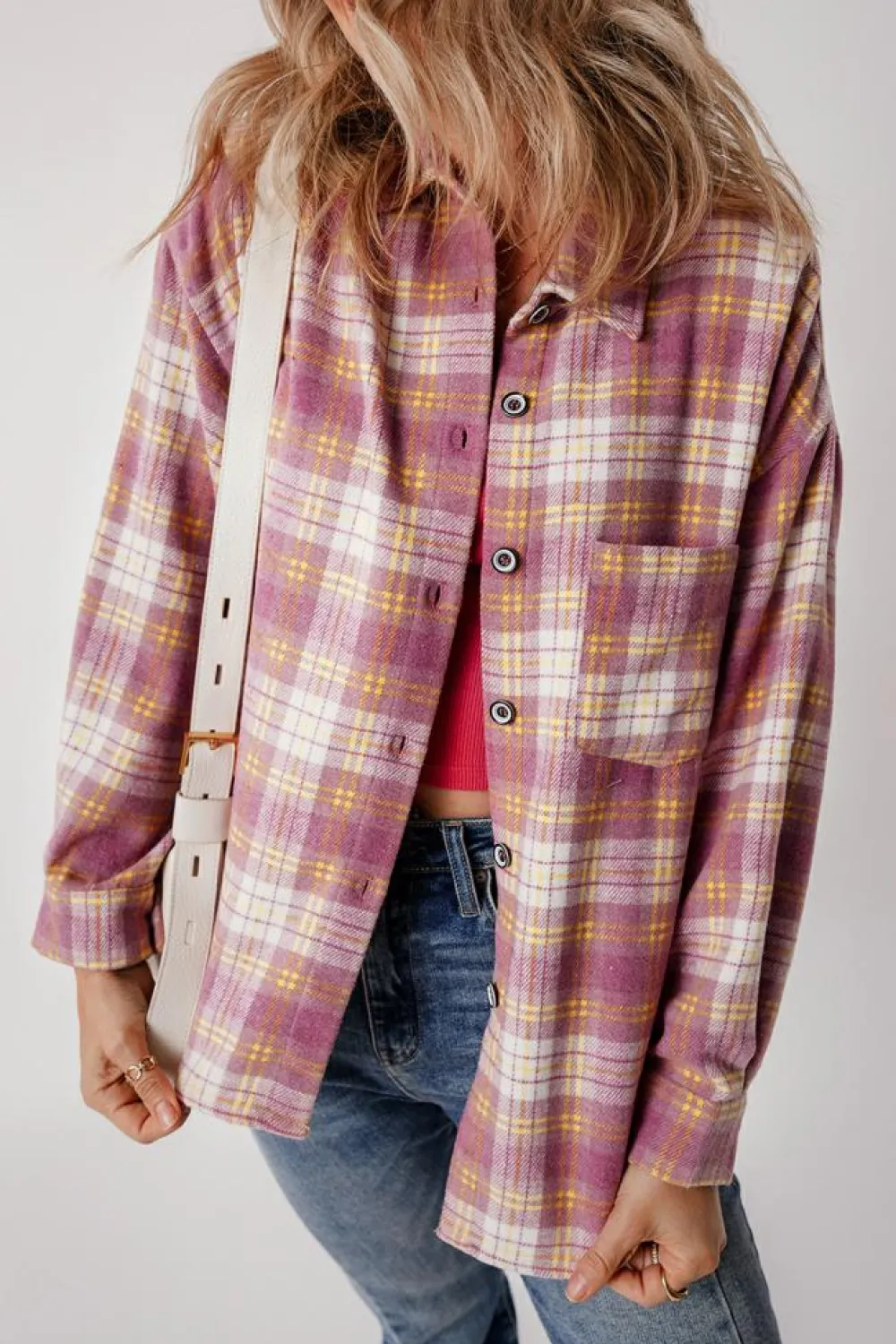 Clearance Dear-Lover Plaid Print Chest Pocket Long Sleeve Shacket Pink