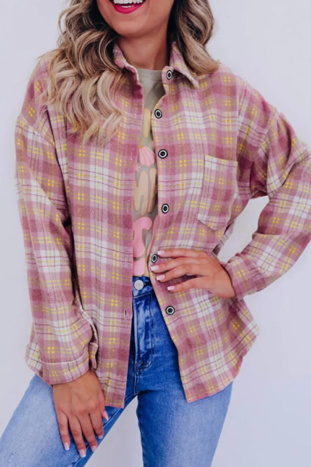 Clearance Dear-Lover Plaid Print Chest Pocket Long Sleeve Shacket Pink