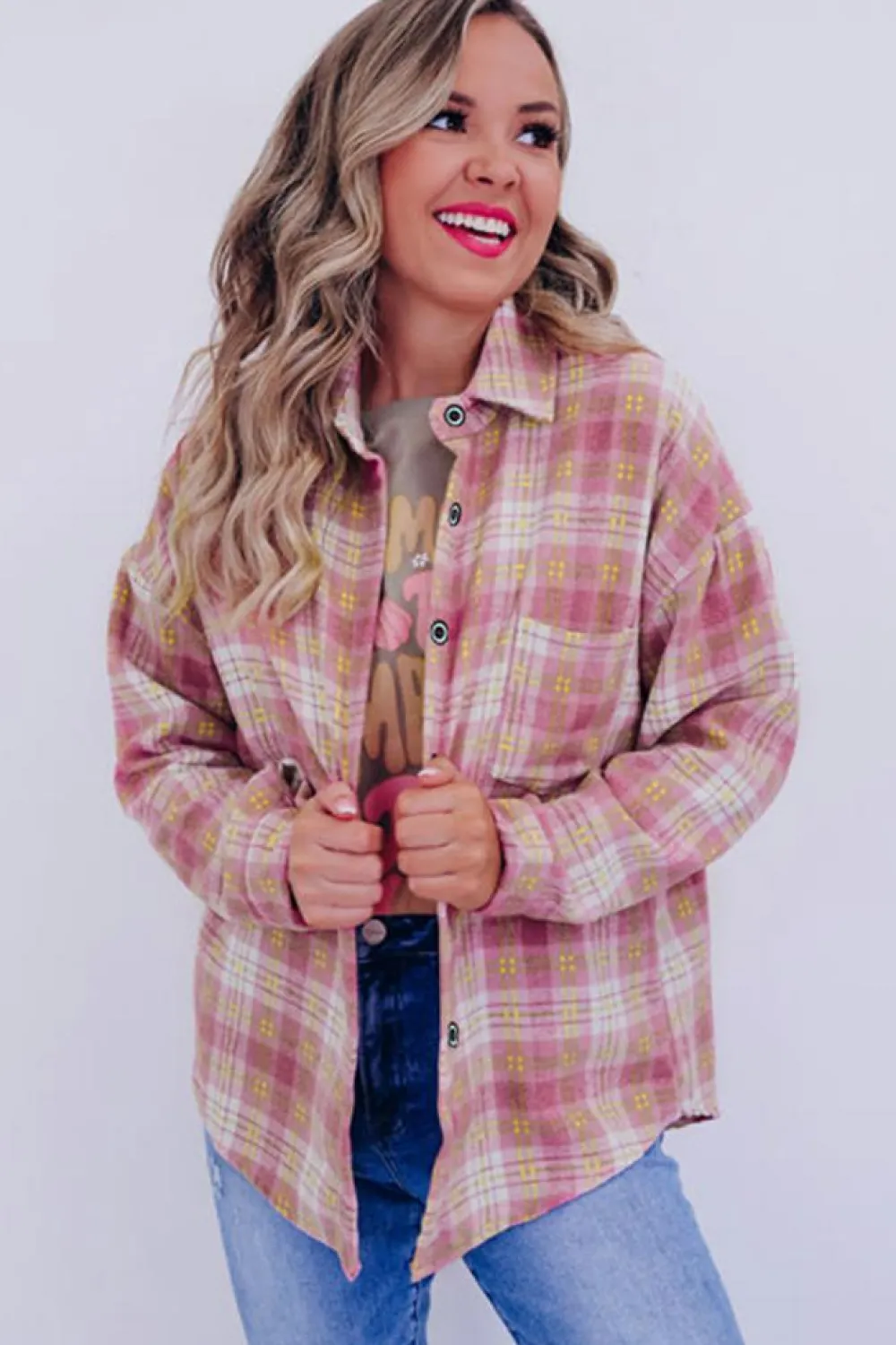 Clearance Dear-Lover Plaid Print Chest Pocket Long Sleeve Shacket Pink