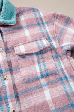 Fashion Dear-Lover Plaid Print Color Block Collared Flap Pockets Loose Shacket Pink