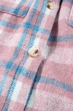 Fashion Dear-Lover Plaid Print Color Block Collared Flap Pockets Loose Shacket Pink