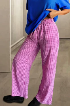 Online Dear-Lover Plaid Print Drawstring High Waist Wide Leg Casual Pants Pink