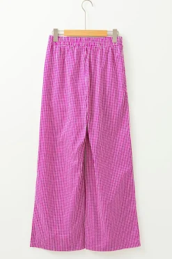 Online Dear-Lover Plaid Print Drawstring High Waist Wide Leg Casual Pants Pink