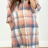 Discount Dear-Lover Plaid Roll-tab Sleeve Side Slit Shirt Dress Pink