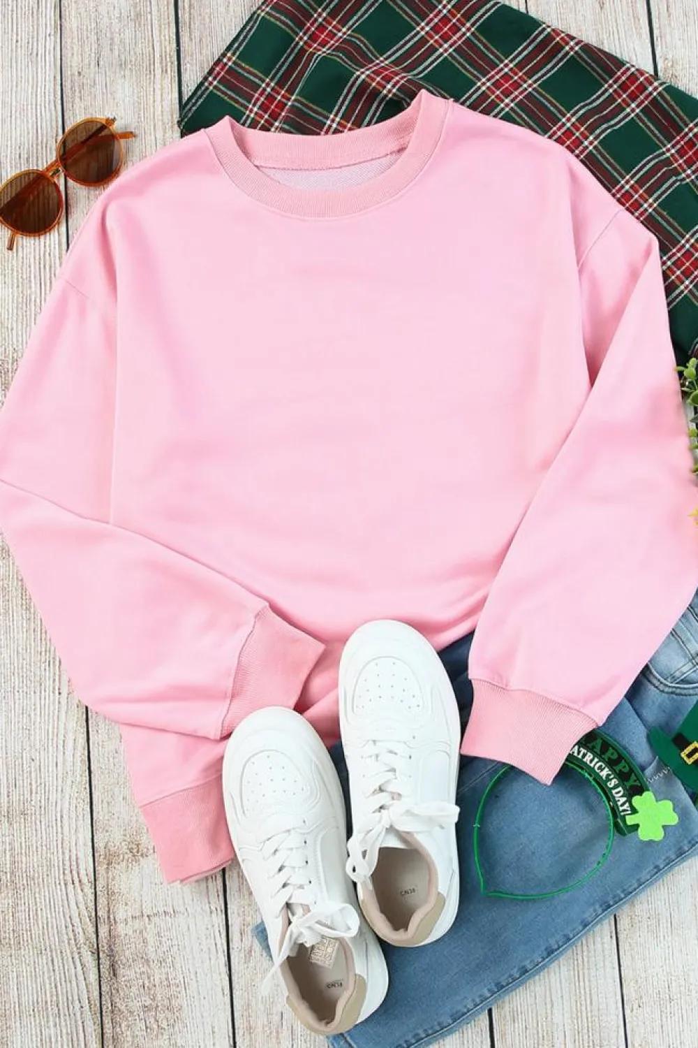 Outlet Dear-Lover Plain Crew Neck Pullover Sweatshirt Pink