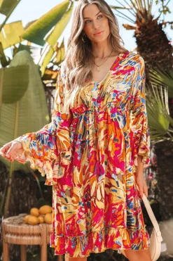 Discount Dear-Lover Plant Print Flared Sleeve Ruffled Hem Tunic High Waist Flowy Dress Pink