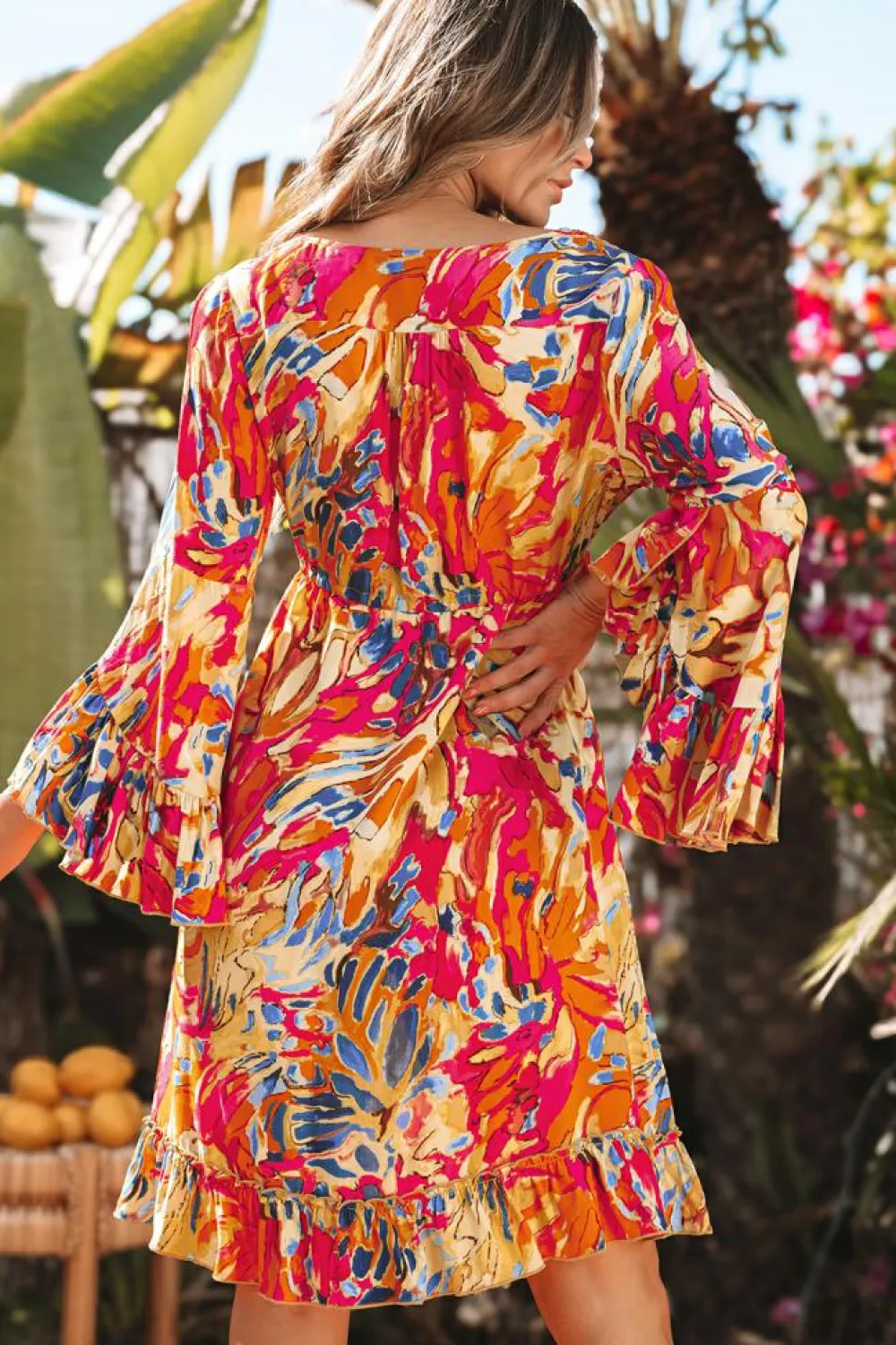 Discount Dear-Lover Plant Print Flared Sleeve Ruffled Hem Tunic High Waist Flowy Dress Pink