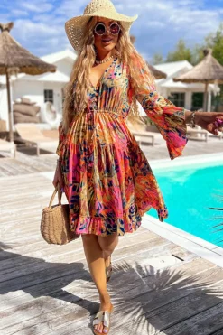 Discount Dear-Lover Plant Print Flared Sleeve Ruffled Hem Tunic High Waist Flowy Dress Pink