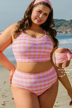 New Dear-Lover Plus Size Plaid Print High Waist Bikini Set Pink