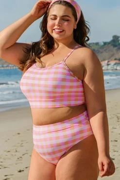 New Dear-Lover Plus Size Plaid Print High Waist Bikini Set Pink