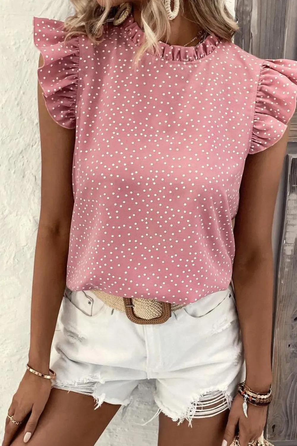 Discount Dear-Lover Polka Dots Ruffle Flutter Sleeve Frilled Neck Blouse Pink