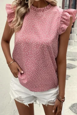 Discount Dear-Lover Polka Dots Ruffle Flutter Sleeve Frilled Neck Blouse Pink