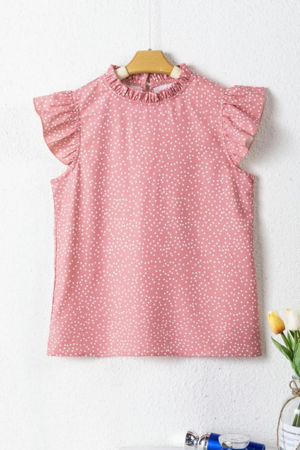 Discount Dear-Lover Polka Dots Ruffle Flutter Sleeve Frilled Neck Blouse Pink
