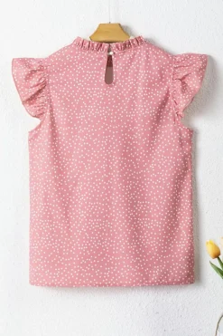 Discount Dear-Lover Polka Dots Ruffle Flutter Sleeve Frilled Neck Blouse Pink