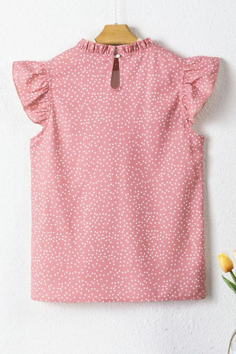 Discount Dear-Lover Polka Dots Ruffle Flutter Sleeve Frilled Neck Blouse Pink