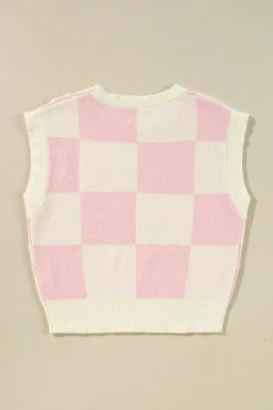 Discount Dear-Lover Preppy Bow Detail Checkered Sweater Vest Pink