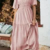 Discount Dear-Lover Puff Sleeve Pleated High Waist Flowy Midi Dress Pink