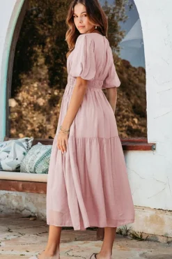 Discount Dear-Lover Puff Sleeve Pleated High Waist Flowy Midi Dress Pink