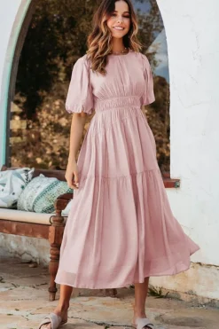Discount Dear-Lover Puff Sleeve Pleated High Waist Flowy Midi Dress Pink