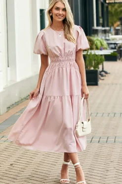 Discount Dear-Lover Puff Sleeve Pleated High Waist Flowy Midi Dress Pink