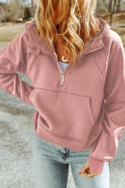 Clearance Dear-Lover Quarter Zip Kangaroo Pocket Hoodie Pink