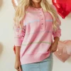Fashion Dear-Lover Rainbow Stripes Drop Shoulder Baggy Henley Sweater Pink
