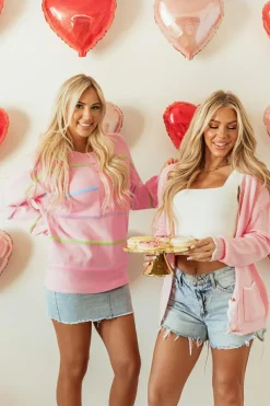 Fashion Dear-Lover Rainbow Stripes Drop Shoulder Baggy Henley Sweater Pink