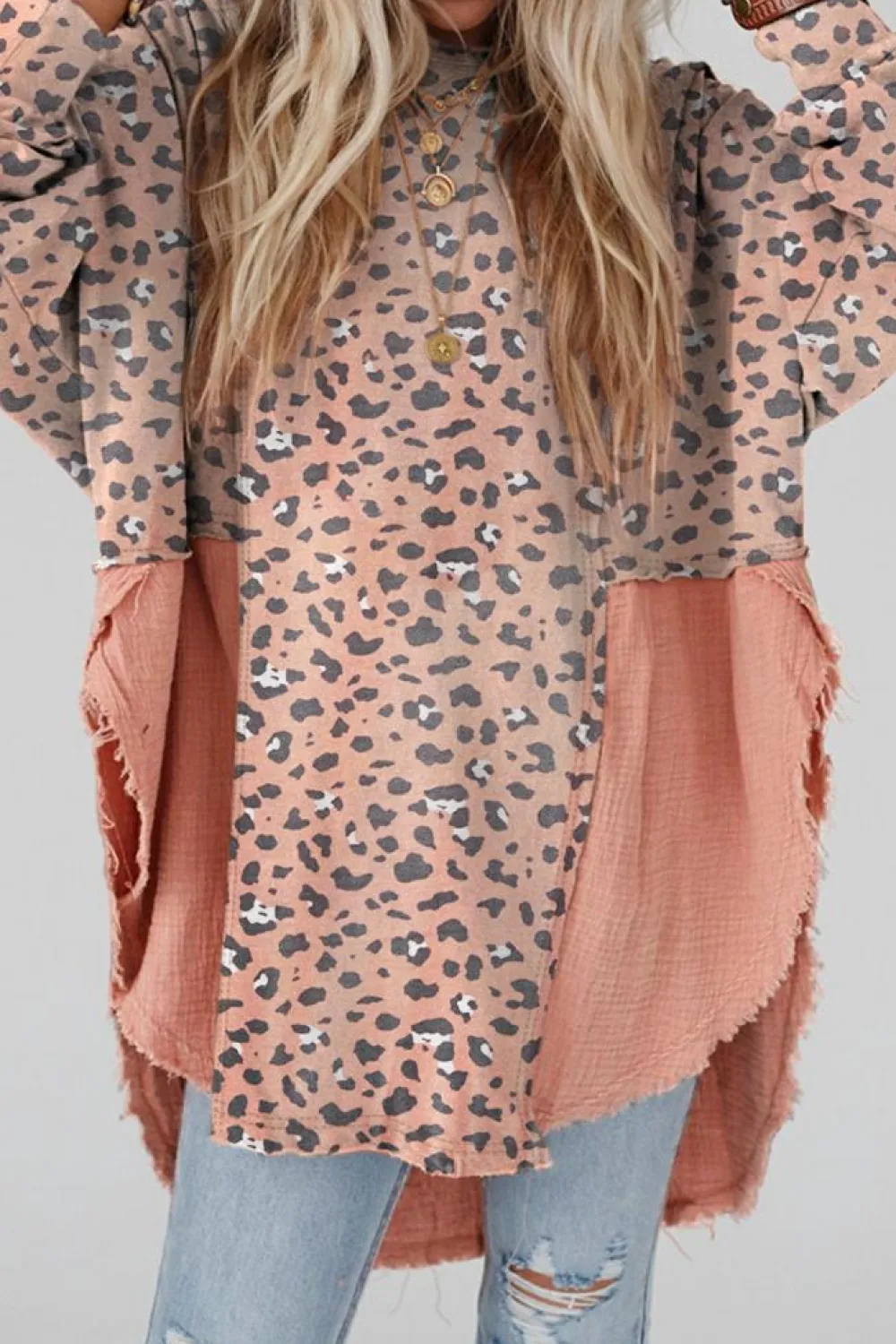 Hot Dear-Lover Raw Edge Leopard Patchwork Oversized Blouse Pink