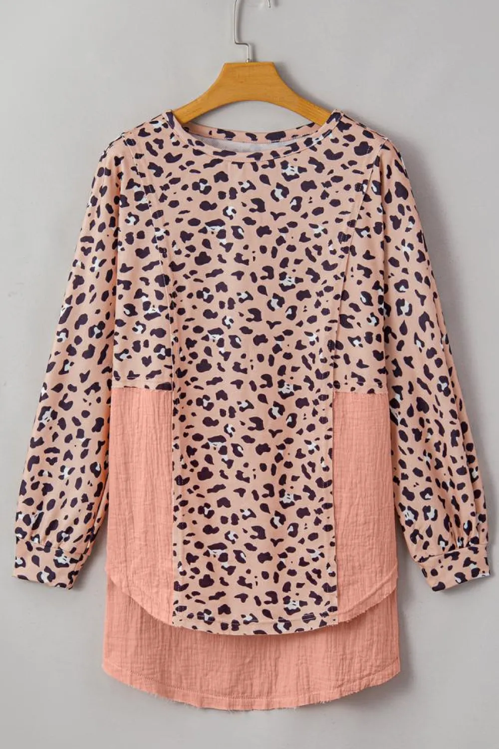 Hot Dear-Lover Raw Edge Leopard Patchwork Oversized Blouse Pink