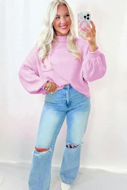 New Dear-Lover Raw Edge Ribbed Detail Drop Shoulder Sweater Pink