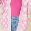 Discount Dear-Lover Rhombus Pattern Knit Open Front Pocketed Cardigans Pink