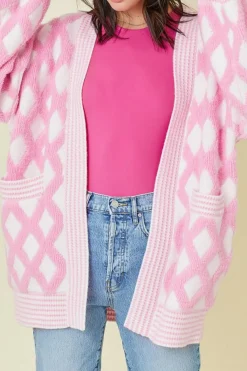 Discount Dear-Lover Rhombus Pattern Knit Open Front Pocketed Cardigans Pink