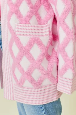 Discount Dear-Lover Rhombus Pattern Knit Open Front Pocketed Cardigans Pink