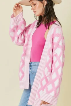 Discount Dear-Lover Rhombus Pattern Knit Open Front Pocketed Cardigans Pink