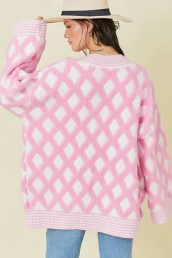 Discount Dear-Lover Rhombus Pattern Knit Open Front Pocketed Cardigans Pink