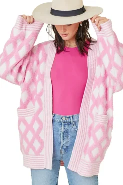 Discount Dear-Lover Rhombus Pattern Knit Open Front Pocketed Cardigans Pink