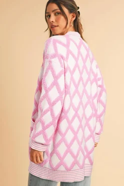 Discount Dear-Lover Rhombus Pattern Knit Open Front Pocketed Cardigans Pink