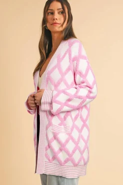 Discount Dear-Lover Rhombus Pattern Knit Open Front Pocketed Cardigans Pink