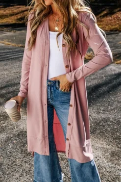 New Dear-Lover Ribbed Button-Up Split Duster Cardigan Pink