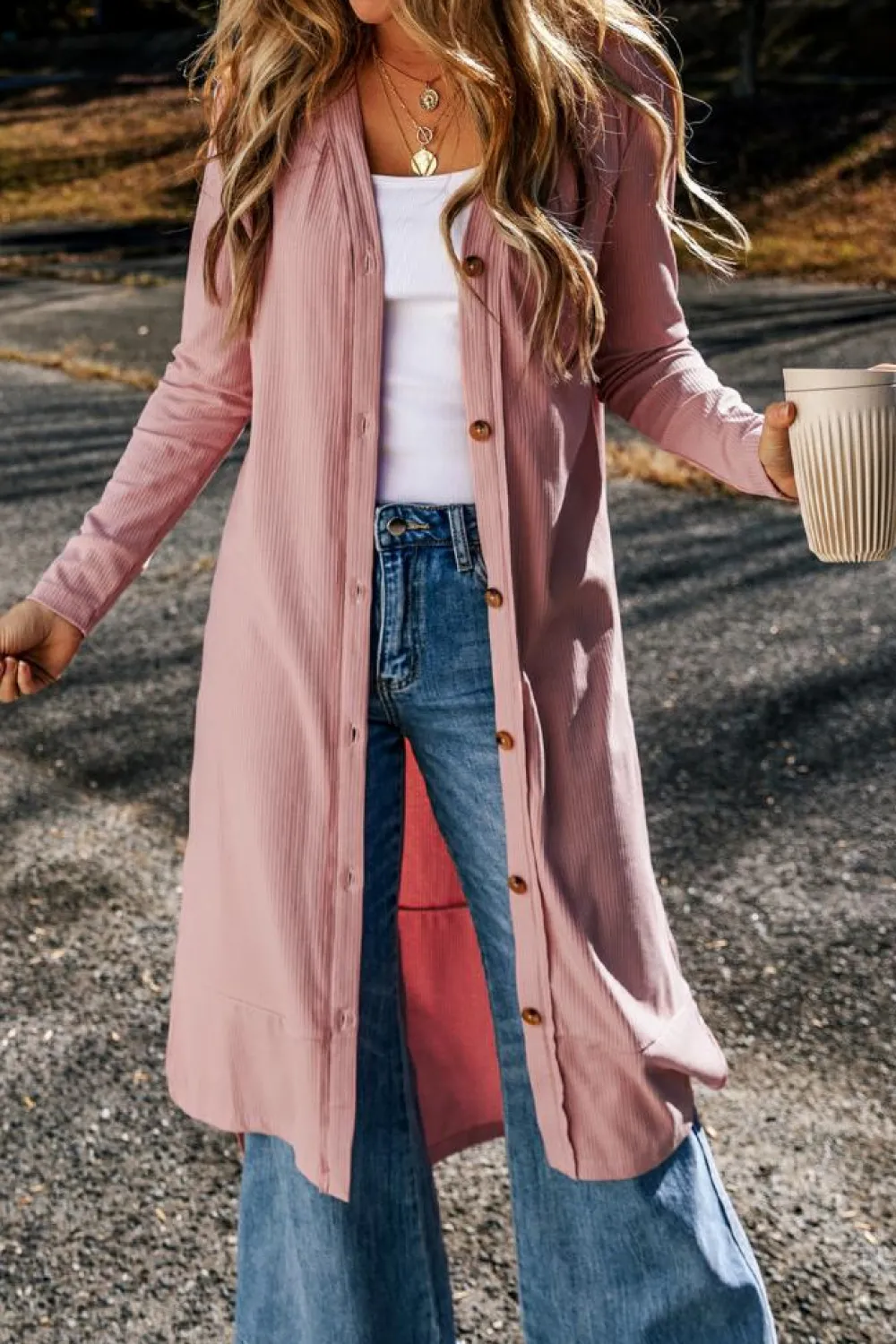 New Dear-Lover Ribbed Button-Up Split Duster Cardigan Pink