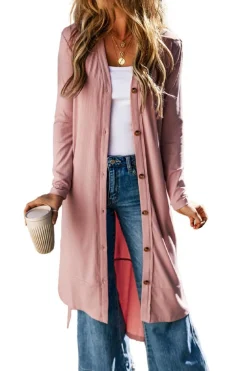 New Dear-Lover Ribbed Button-Up Split Duster Cardigan Pink