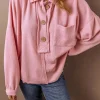 Fashion Dear-Lover Ribbed Knit Collared Henley Top with Chest Pocket Pink